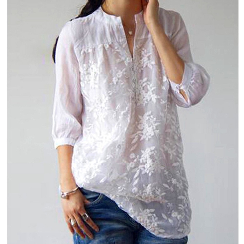 ZANZEA Women's Tops V-Neck 3/4 Sleeve White Lace Crochet Casual Blouses Shirts